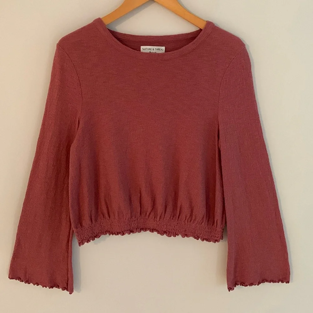 Madewell Texture & Thread Smocked Bell Sleeve Top Size Medium Autumn Berry